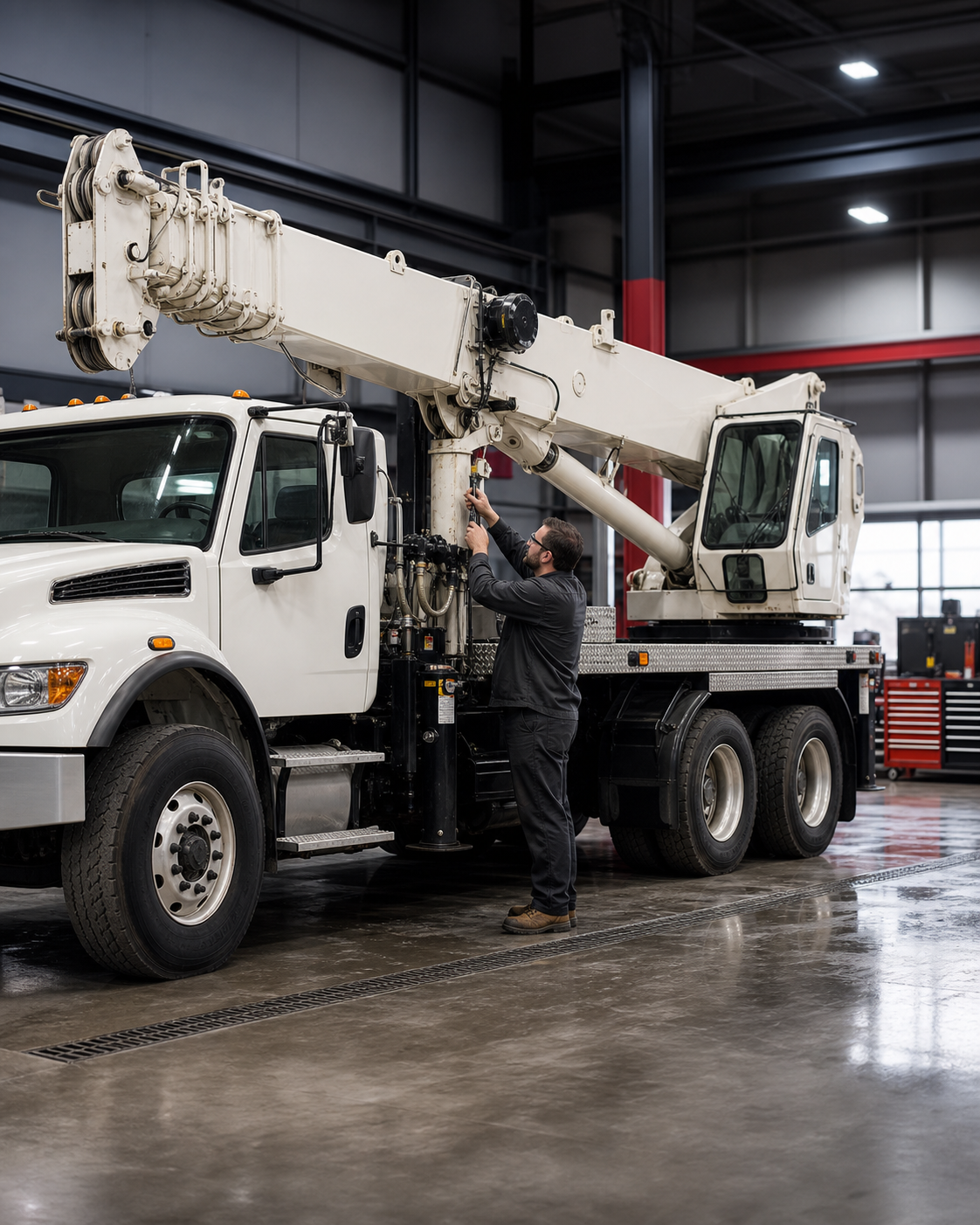 Truck-mounted crane receiving maintenance in a service shop