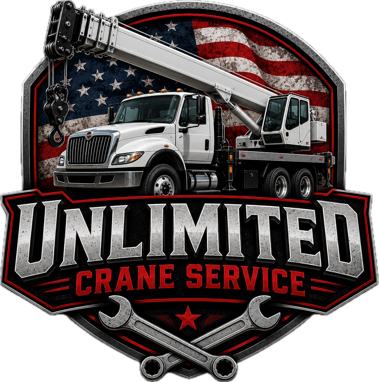 Unlimited Crane Service logo featuring a boom truck, American flag, and wrenches